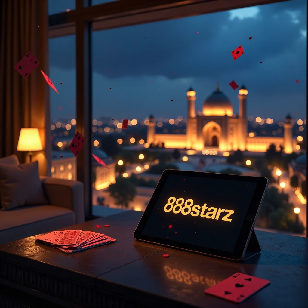 Luxury modern interior in a Samarkand penthouse overlooking the illuminated Registan Square at night through panoramic windows, 888starz official branding on a tablet screen, 3D golden multipliers and red playing cards floating in the air, sophisticated a